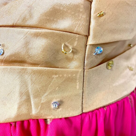 Gold & Pink Halter Formal Ball Gown Beaded Bodice Lace-Up Corset Back Kiss Kiss - Picture 10 of 14